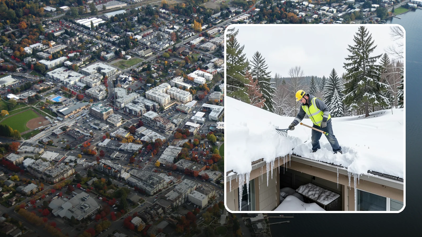 Roof Valley Clearing in Kirkland, King County, WA - We clear snow and ice from roof valleys where heavy Northwest accumulation and ice dams concentrate.