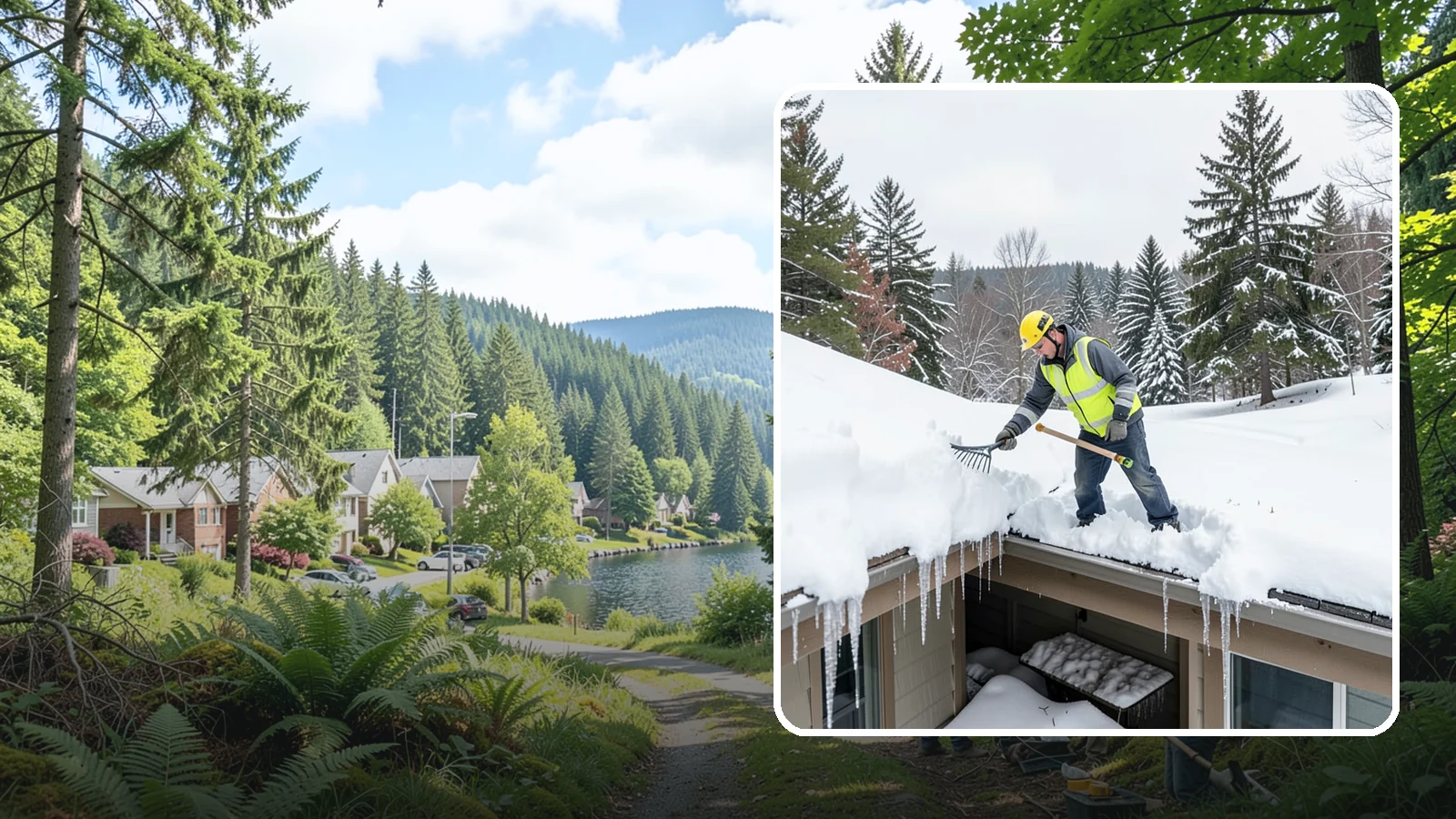 Roof Valley Clearing in Lake Forest Park, King County, WA - We clear snow and ice from roof valleys where heavy Northwest accumulation and ice dams concentrate.