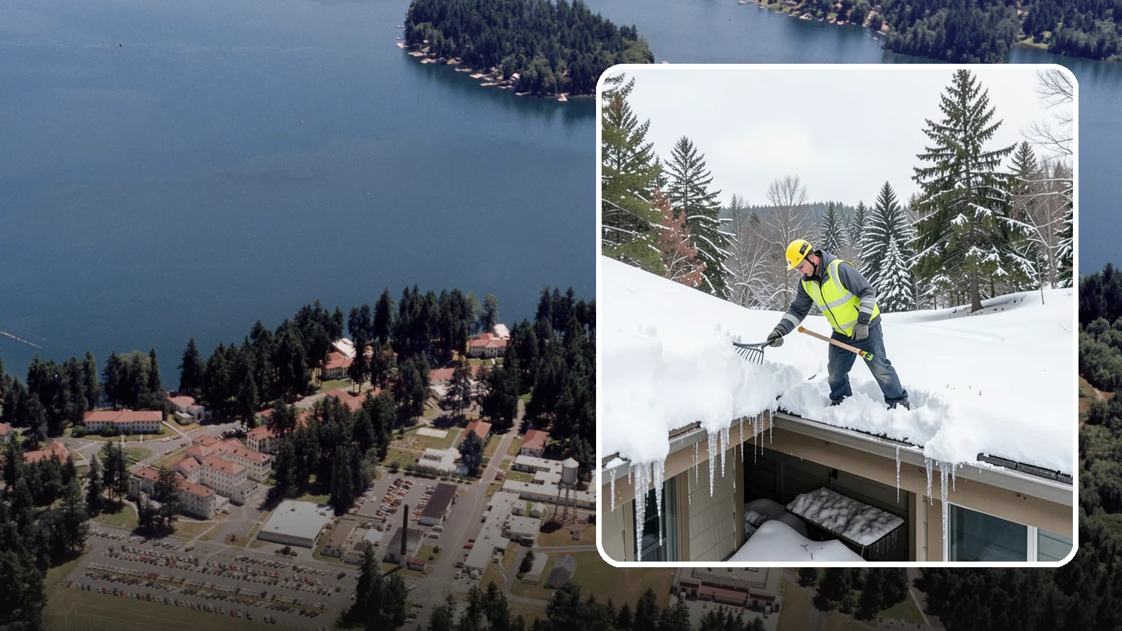 Roof Valley Clearing in Lakewood, Pierce County, WA - We clear snow and ice from roof valleys where heavy Northwest accumulation and ice dams concentrate.