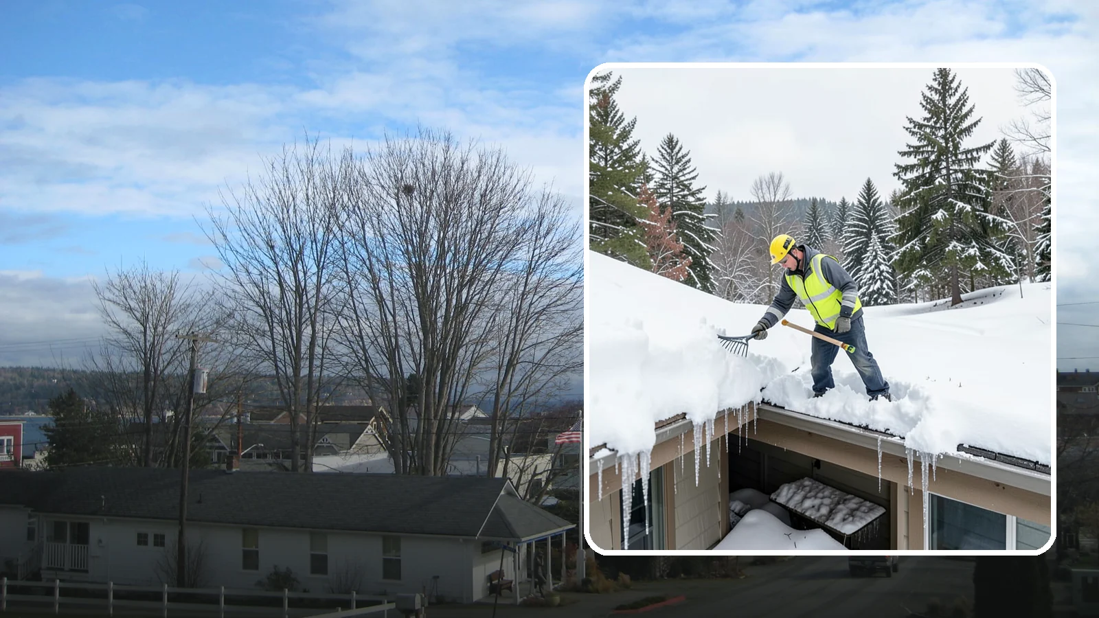 Roof Valley Clearing in Langley, Island County, WA - We clear snow and ice from roof valleys where heavy Northwest accumulation and ice dams concentrate.