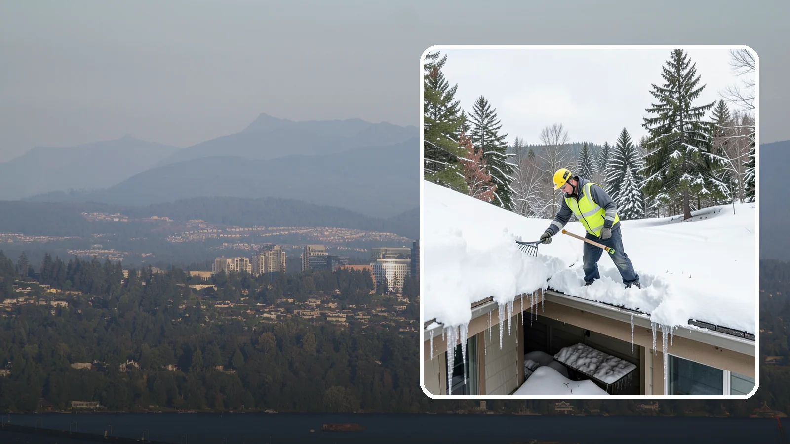 Roof Valley Clearing in Medina, King County, WA - We clear snow and ice from roof valleys where heavy Northwest accumulation and ice dams concentrate.