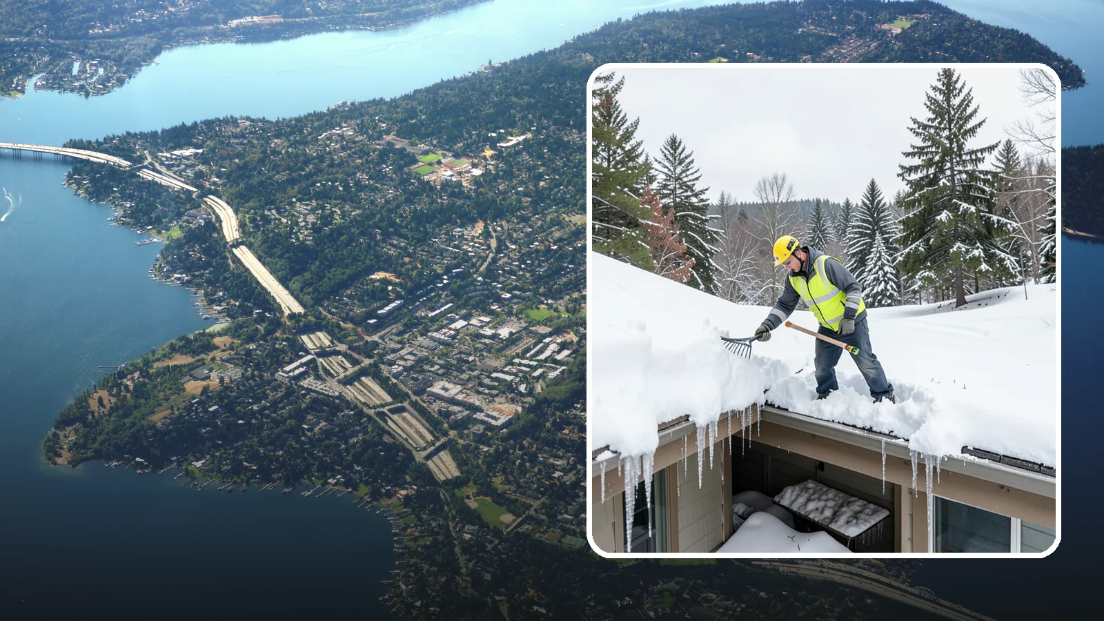 Roof Valley Clearing in Mercer Island, King County, WA - We clear snow and ice from roof valleys where heavy Northwest accumulation and ice dams concentrate.