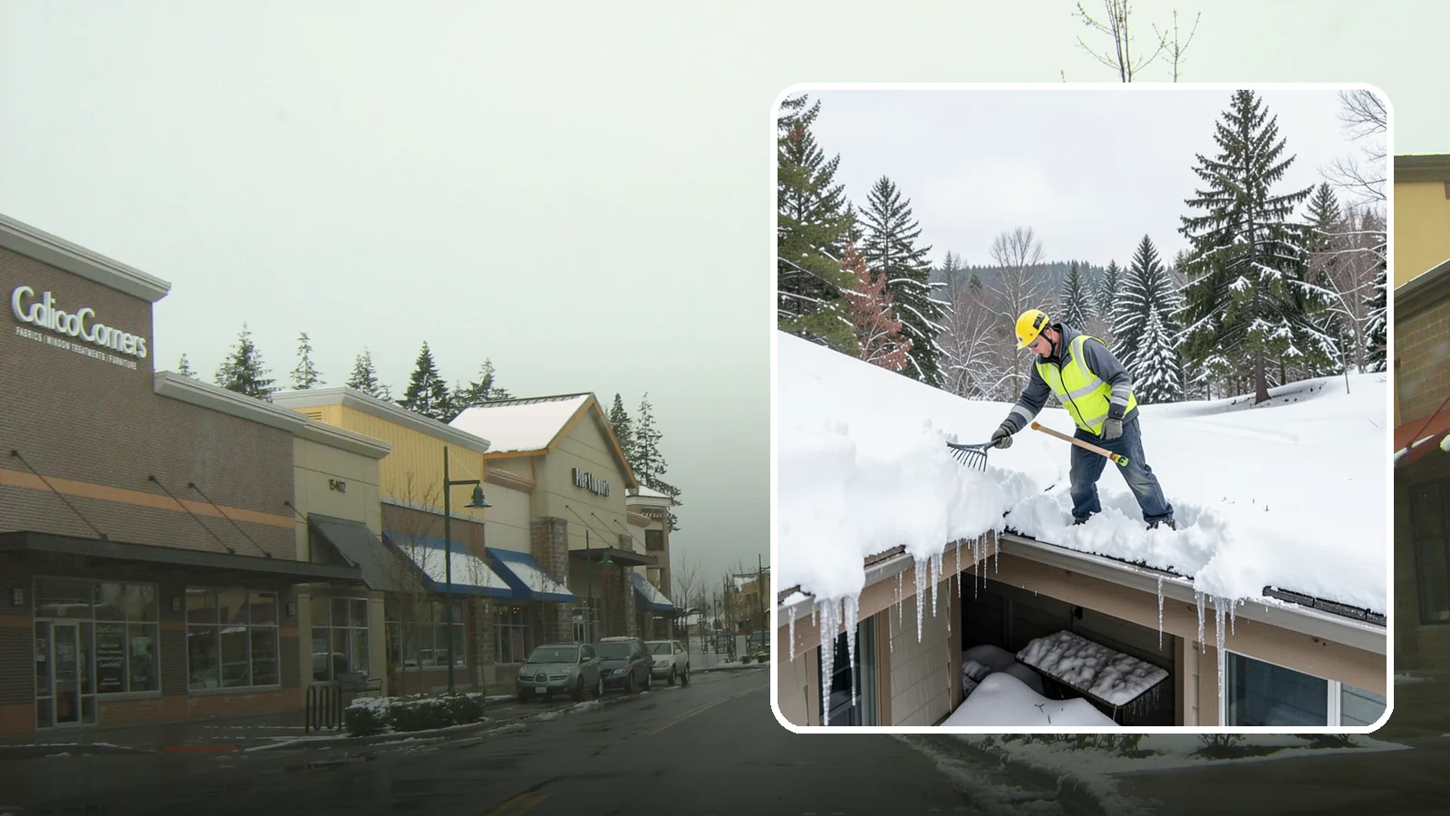 Roof Valley Clearing in Mill Creek, Snohomish County, WA - We clear snow and ice from roof valleys where heavy Northwest accumulation and ice dams concentrate.