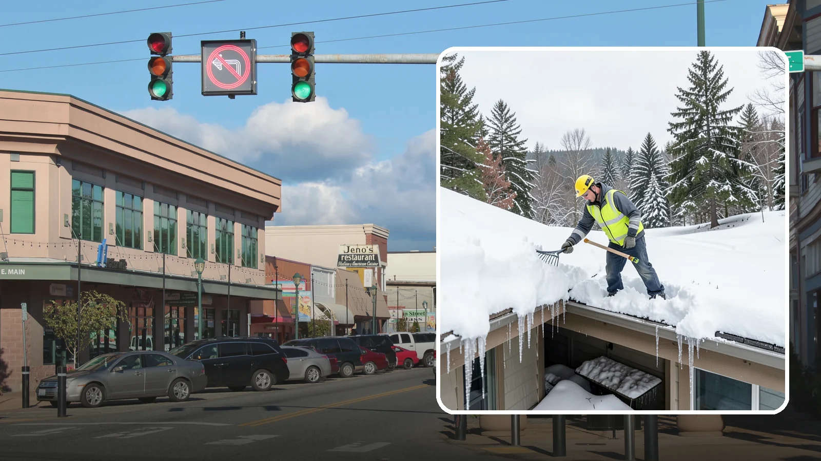 Roof Valley Clearing in Monroe, Snohomish County, WA - We clear snow and ice from roof valleys where heavy Northwest accumulation and ice dams concentrate.