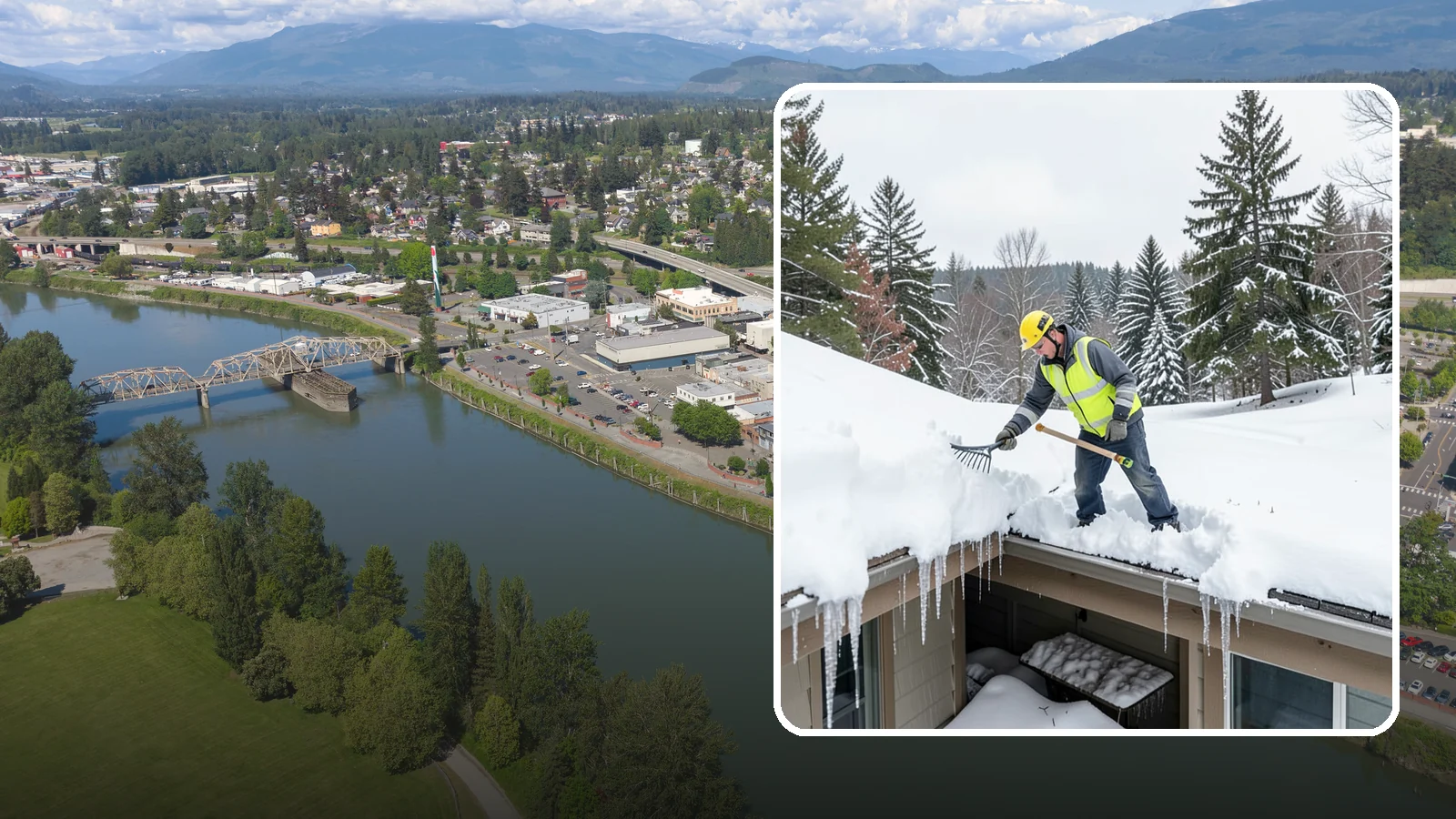 Roof Valley Clearing in Mount Vernon, Skagit County, WA - We clear snow and ice from roof valleys where heavy Northwest accumulation and ice dams concentrate.