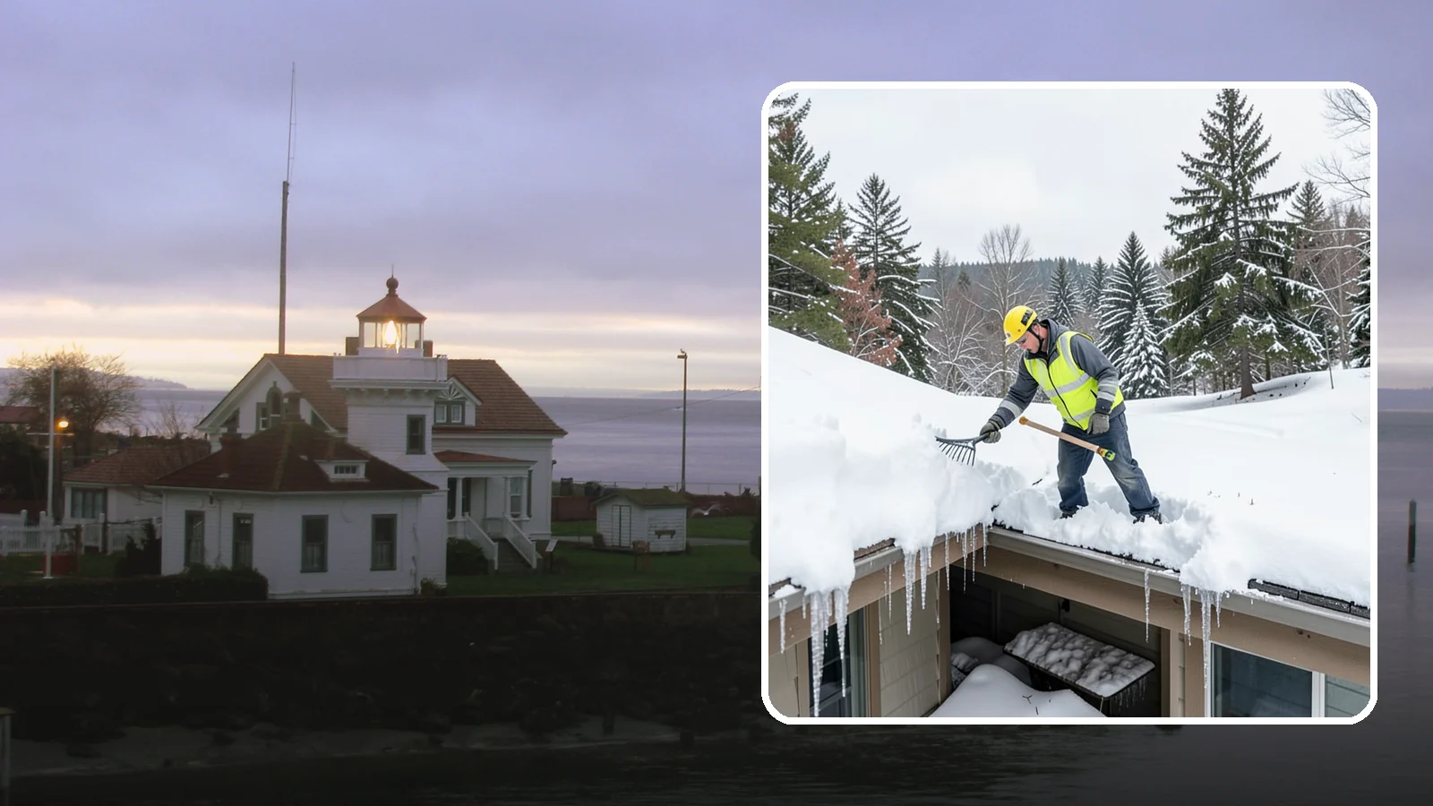 Roof Valley Clearing in Mukilteo, Snohomish County, WA - We clear snow and ice from roof valleys where heavy Northwest accumulation and ice dams concentrate.