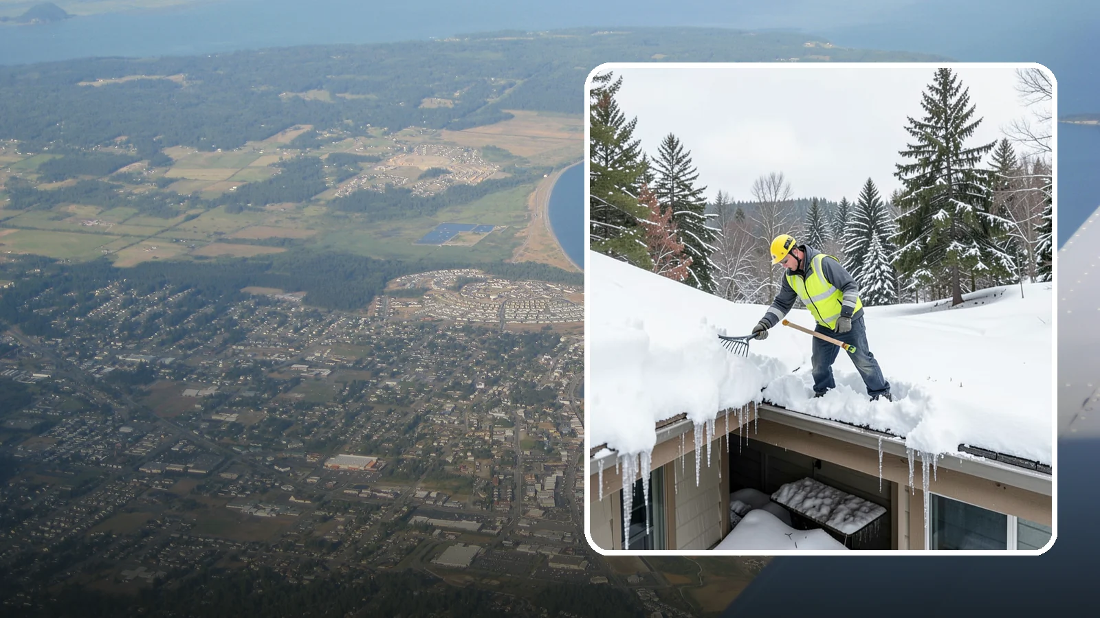 Roof Valley Clearing in Oak Harbor, Island County, WA - We clear snow and ice from roof valleys where heavy Northwest accumulation and ice dams concentrate.