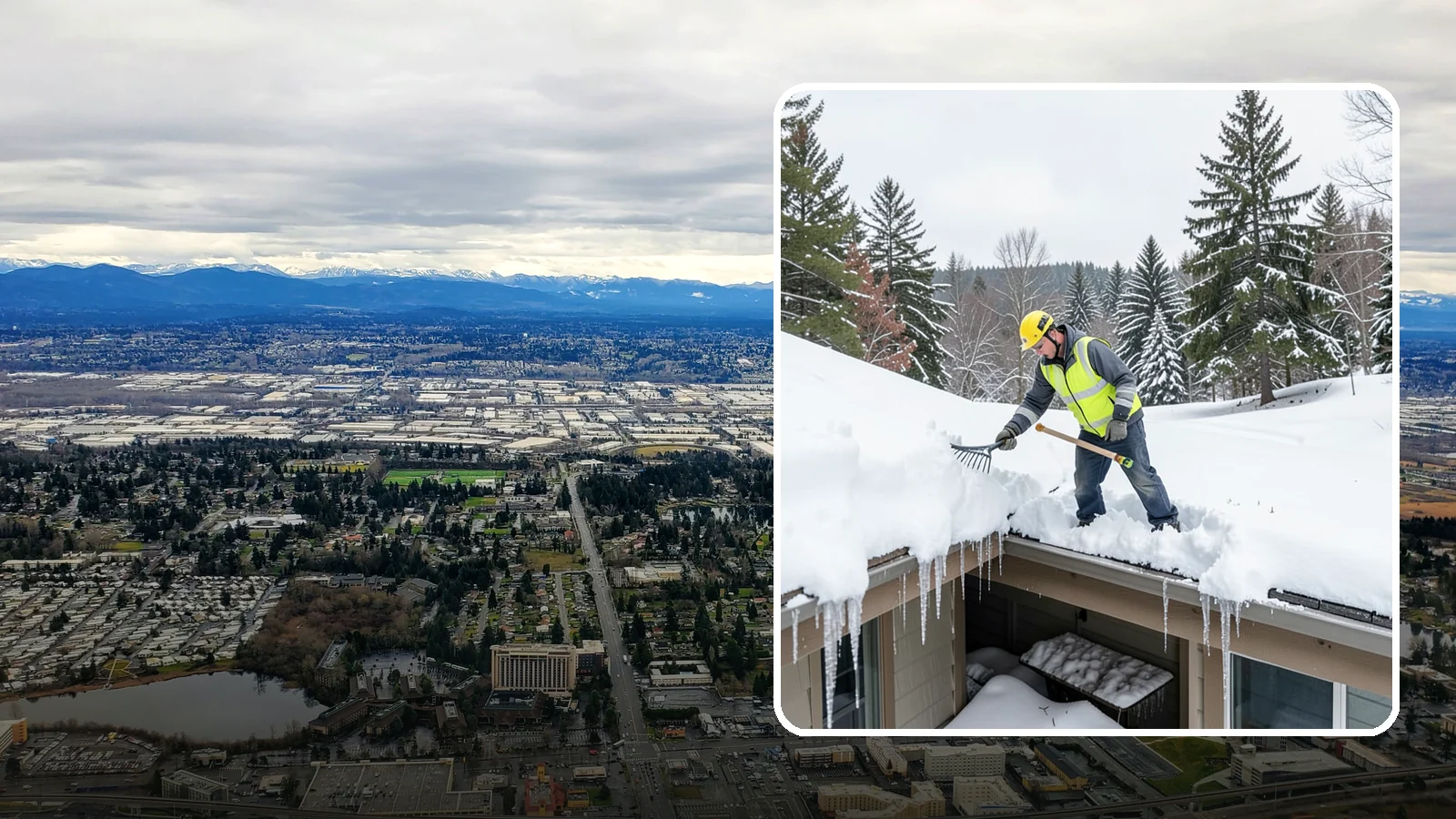 Roof Valley Clearing in SeaTac, King County, WA - We clear snow and ice from roof valleys where heavy Northwest accumulation and ice dams concentrate.
