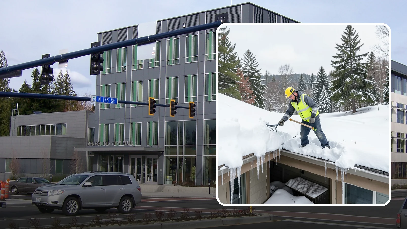 Roof Valley Clearing in Shoreline, King County, WA - We clear snow and ice from roof valleys where heavy Northwest accumulation and ice dams concentrate.