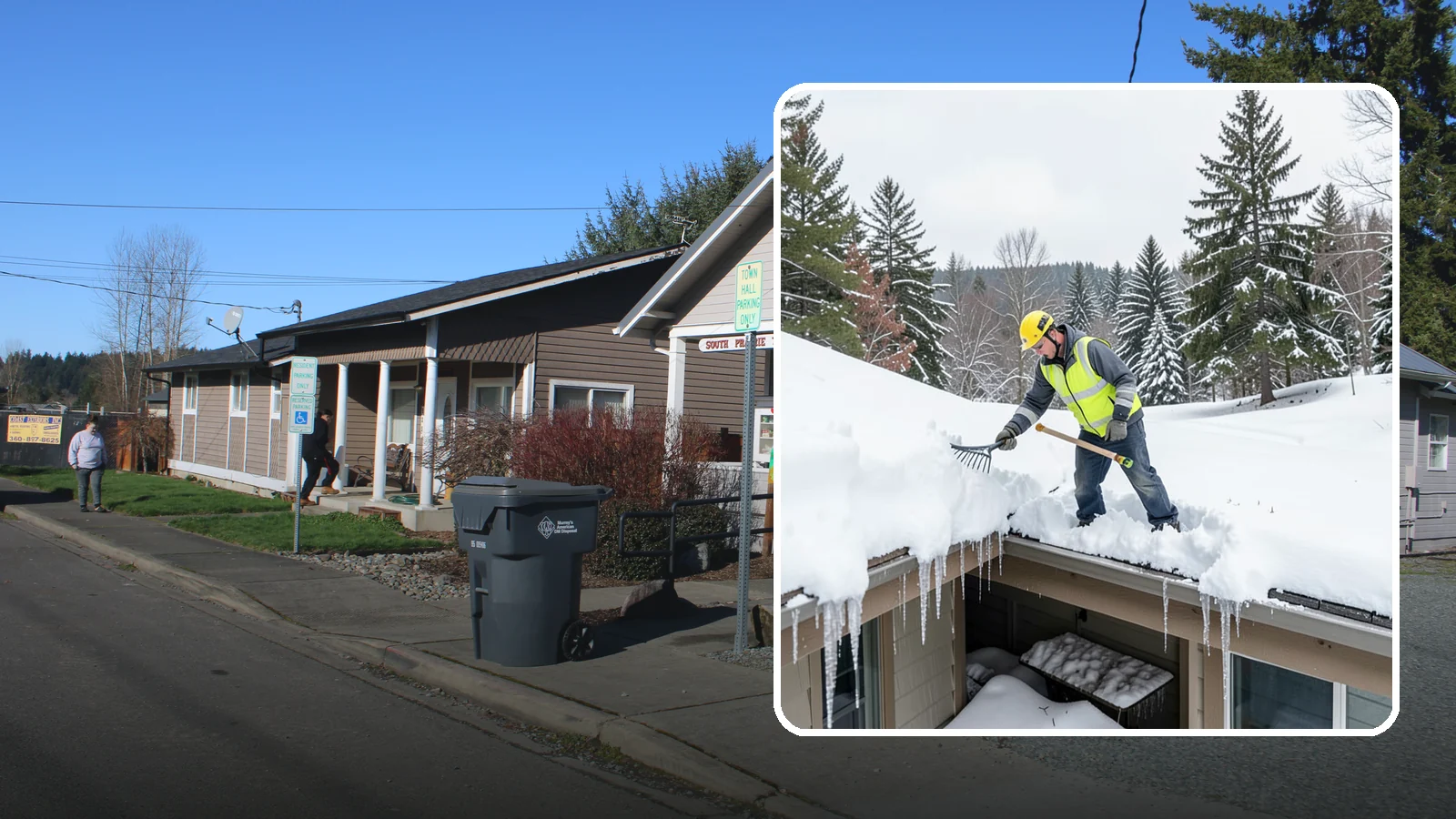 Roof Valley Clearing in South Prairie, Pierce County, WA - We clear snow and ice from roof valleys where heavy Northwest accumulation and ice dams concentrate.