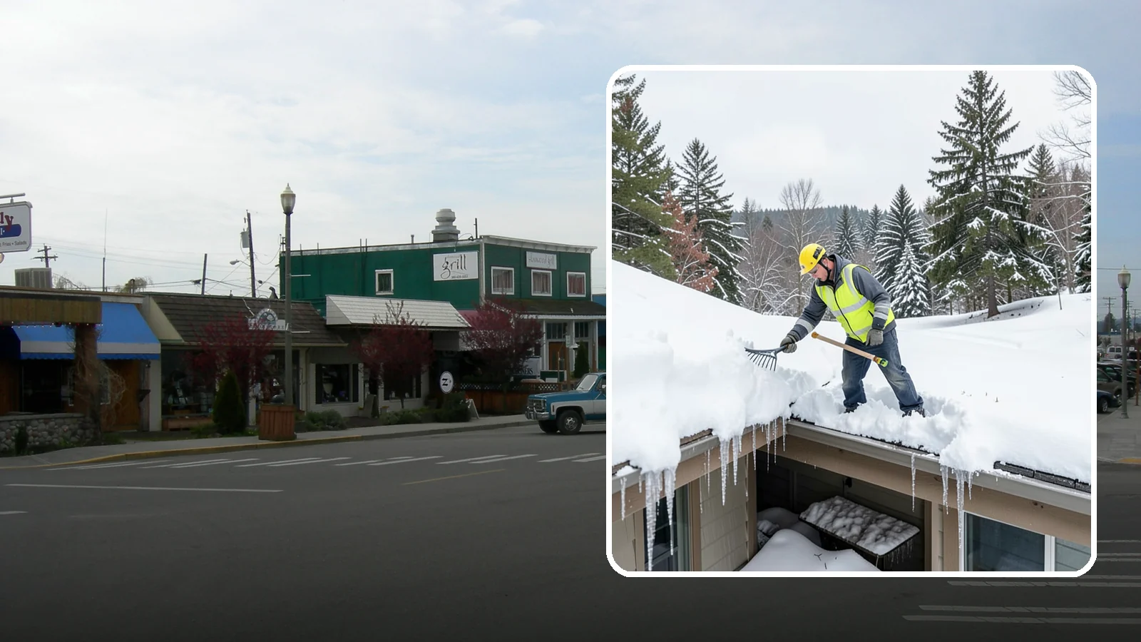 Roof Valley Clearing in Stanwood, Snohomish County, WA - We clear snow and ice from roof valleys where heavy Northwest accumulation and ice dams concentrate.