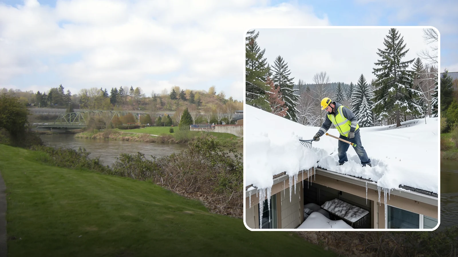 Roof Valley Clearing in Tukwila, King County, WA - We clear snow and ice from roof valleys where heavy Northwest accumulation and ice dams concentrate.