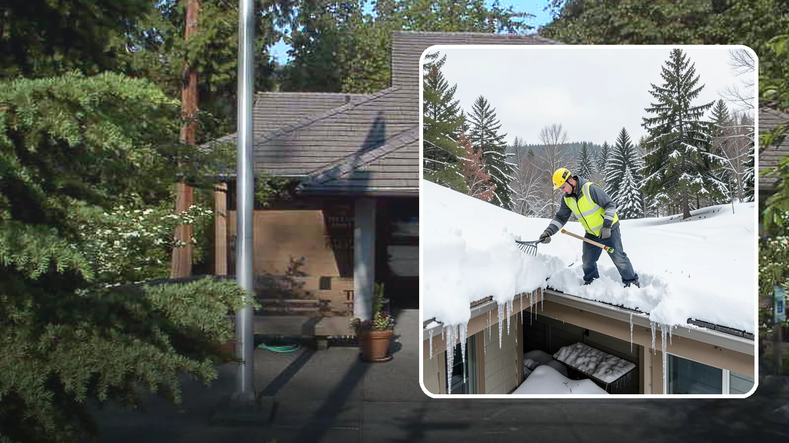Roof Valley Clearing in Yarrow Point, King County, WA - We clear snow and ice from roof valleys where heavy Northwest accumulation and ice dams concentrate.