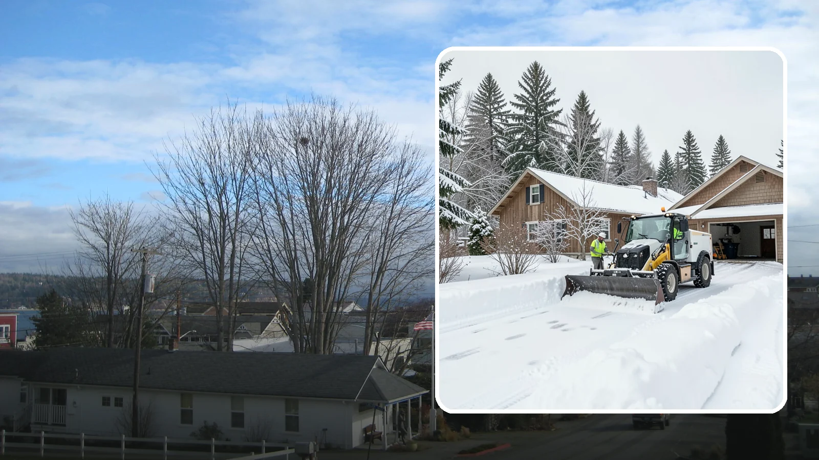 Rural Property Snow Removal in Langley, Island County, WA - We clear long lanes, outbuilding access, and gates on rural Western Washington parcels the lowland plows never reach.