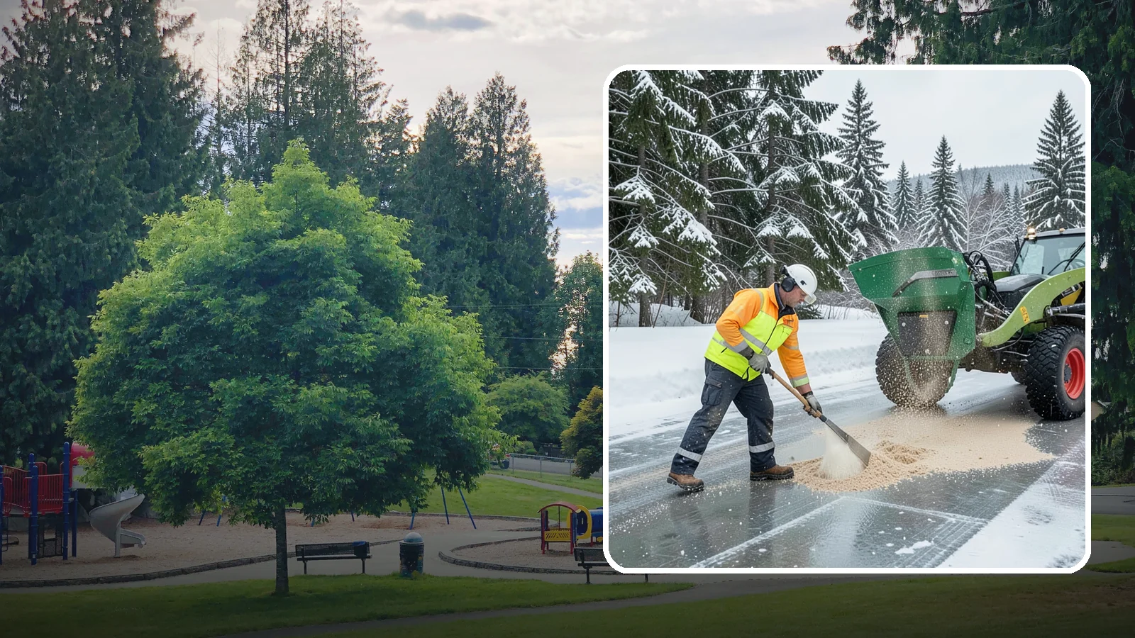 Sand Spreading in Bonney Lake, Pierce County, WA - Sand spreading restores instant traction on ice that is too cold or too thick for chemical deicers to melt quickly.