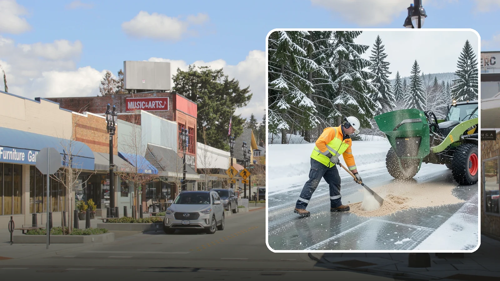 Sand Spreading in Bothell, King County, WA - Sand spreading restores instant traction on ice that is too cold or too thick for chemical deicers to melt quickly.