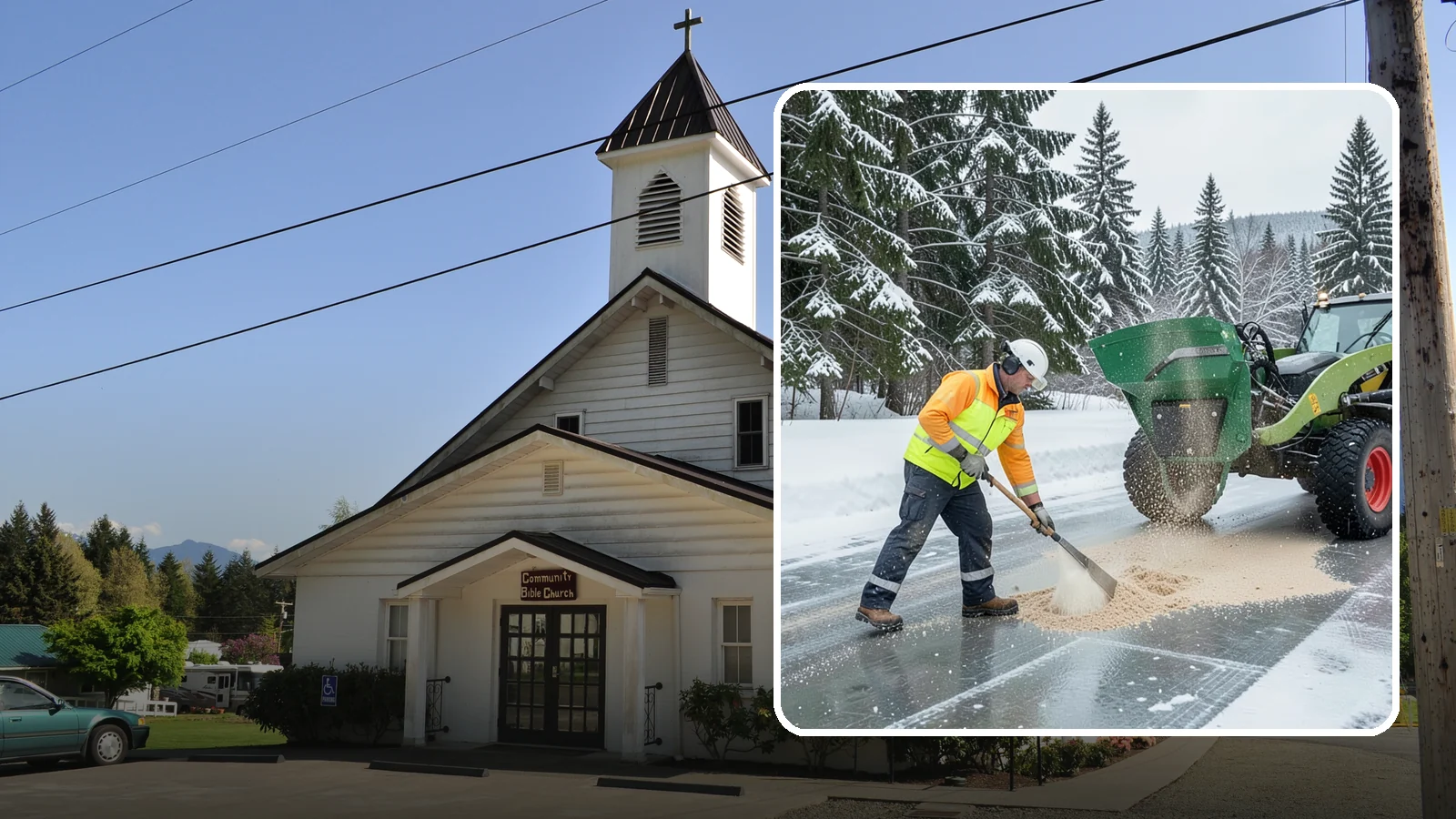 Sand Spreading in Concrete, Skagit County, WA - Sand spreading restores instant traction on ice that is too cold or too thick for chemical deicers to melt quickly.