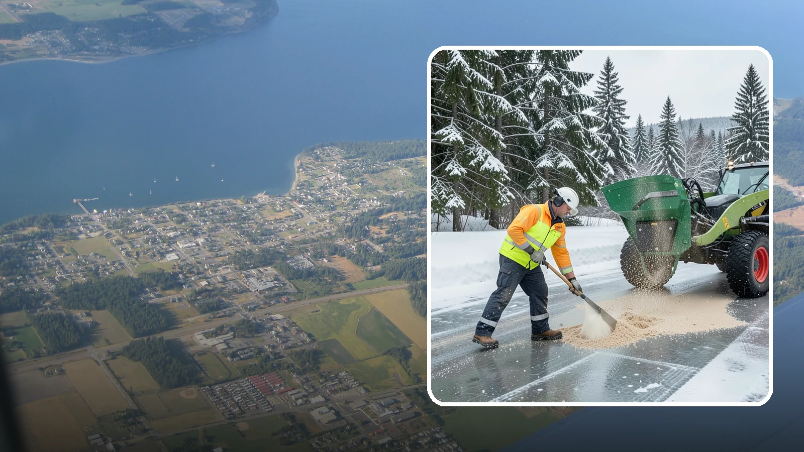Sand Spreading in Coupeville, Island County, WA - Sand spreading restores instant traction on ice that is too cold or too thick for chemical deicers to melt quickly.