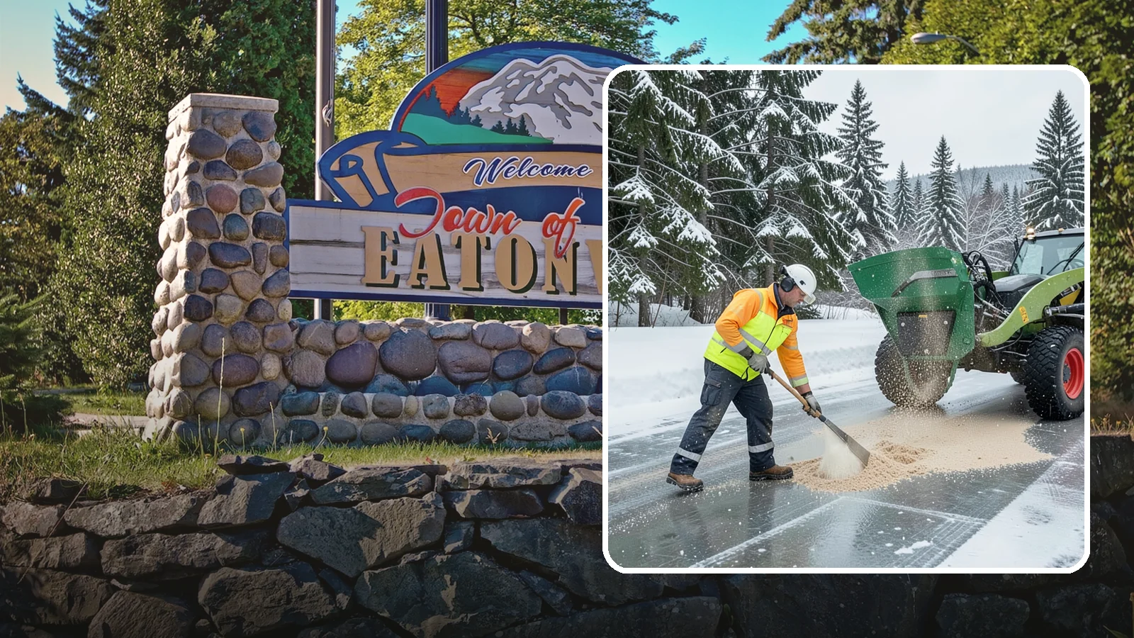 Sand Spreading in Eatonville, Pierce County, WA - Sand spreading restores instant traction on ice that is too cold or too thick for chemical deicers to melt quickly.