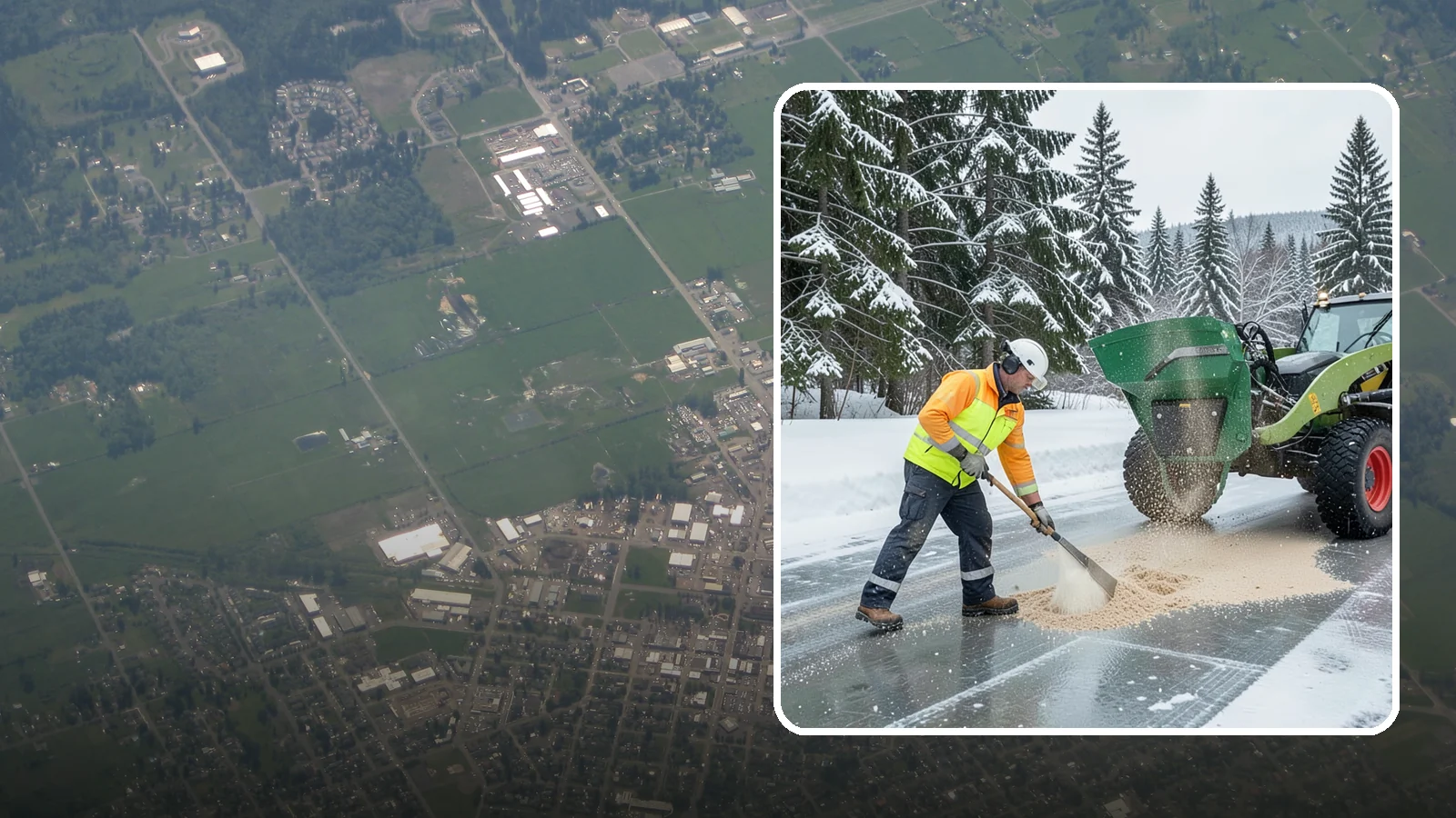Sand Spreading in Enumclaw, King County, WA - Sand spreading restores instant traction on ice that is too cold or too thick for chemical deicers to melt quickly.