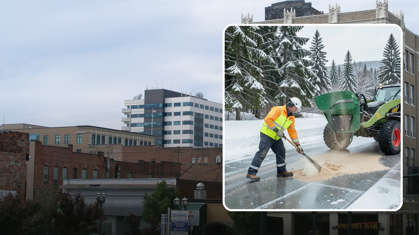 Sand Spreading in Everett, Snohomish County, WA - Sand spreading restores instant traction on ice that is too cold or too thick for chemical deicers to melt quickly.