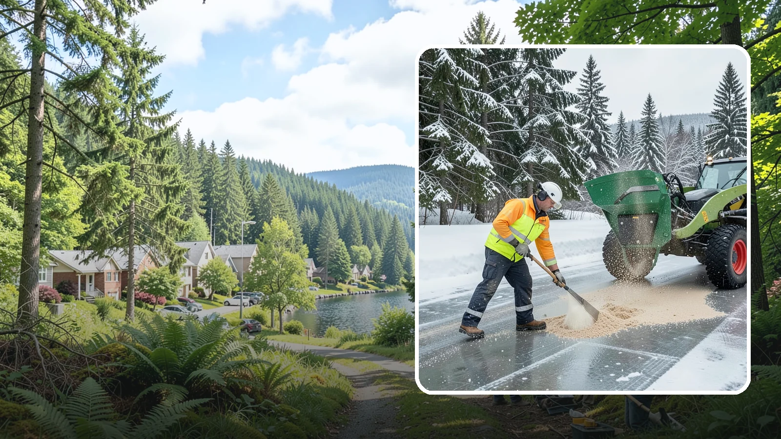 Sand Spreading in Lake Forest Park, King County, WA - Sand spreading restores instant traction on ice that is too cold or too thick for chemical deicers to melt quickly.