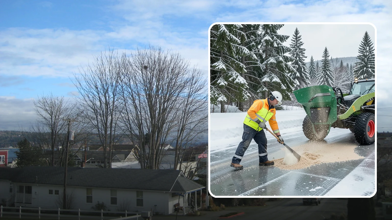 Sand Spreading in Langley, Island County, WA - Sand spreading restores instant traction on ice that is too cold or too thick for chemical deicers to melt quickly.