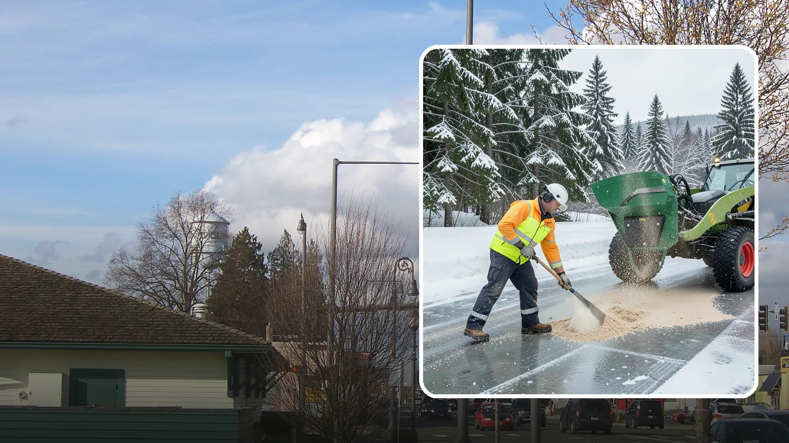Sand Spreading in Marysville, Snohomish County, WA - Sand spreading restores instant traction on ice that is too cold or too thick for chemical deicers to melt quickly.