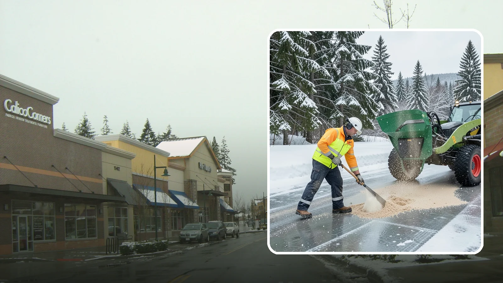 Sand Spreading in Mill Creek, Snohomish County, WA - Sand spreading restores instant traction on ice that is too cold or too thick for chemical deicers to melt quickly.