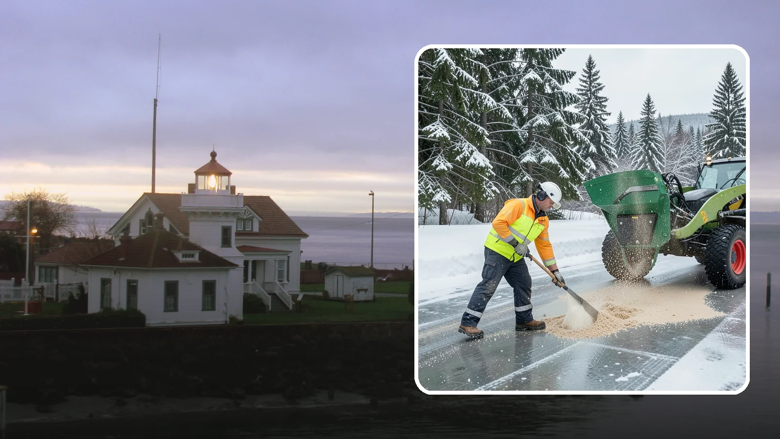 Sand Spreading in Mukilteo, Snohomish County, WA - Sand spreading restores instant traction on ice that is too cold or too thick for chemical deicers to melt quickly.