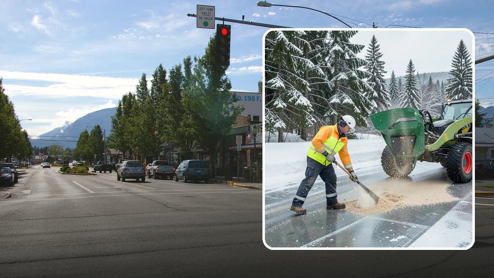 Sand Spreading in North Bend, King County, WA - Sand spreading restores instant traction on ice that is too cold or too thick for chemical deicers to melt quickly.