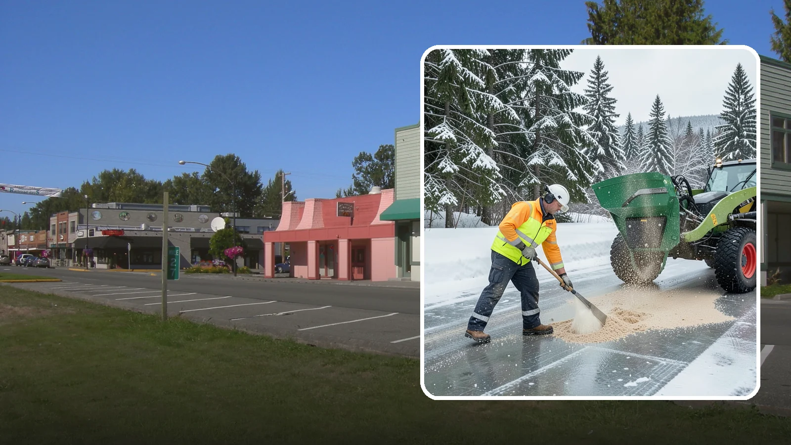 Sand Spreading in Snoqualmie, King County, WA - Sand spreading restores instant traction on ice that is too cold or too thick for chemical deicers to melt quickly.