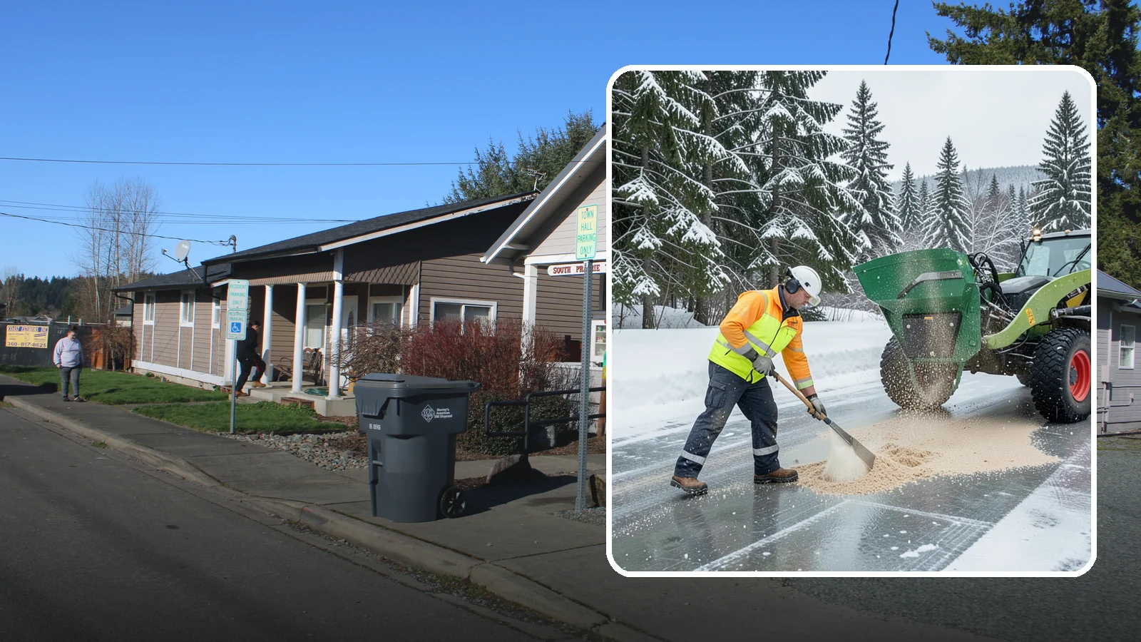 Sand Spreading in South Prairie, Pierce County, WA - Sand spreading restores instant traction on ice that is too cold or too thick for chemical deicers to melt quickly.