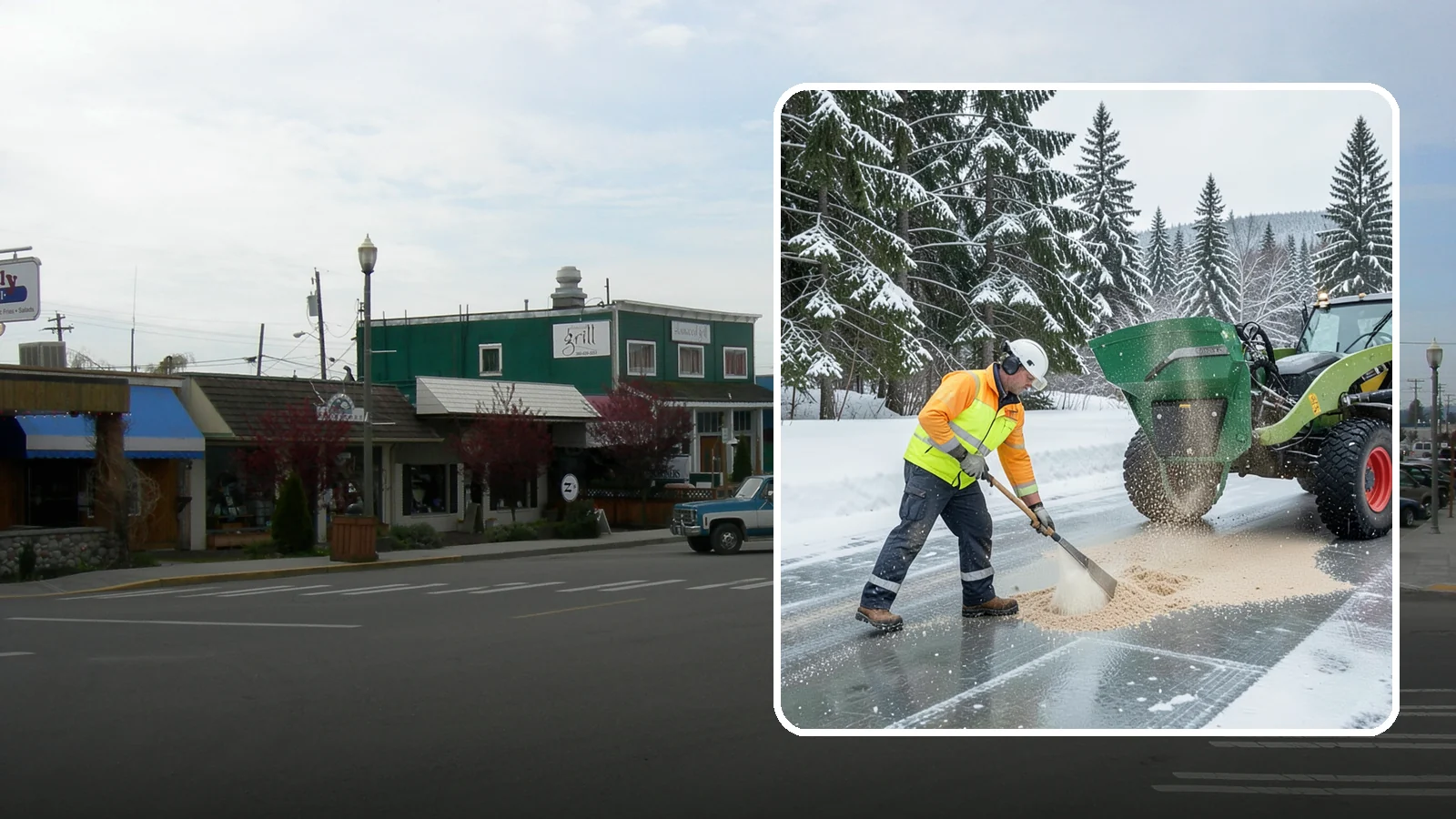 Sand Spreading in Stanwood, Snohomish County, WA - Sand spreading restores instant traction on ice that is too cold or too thick for chemical deicers to melt quickly.