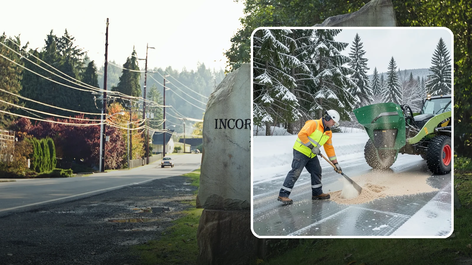 Sand Spreading in Wilkeson, Pierce County, WA - Sand spreading restores instant traction on ice that is too cold or too thick for chemical deicers to melt quickly.