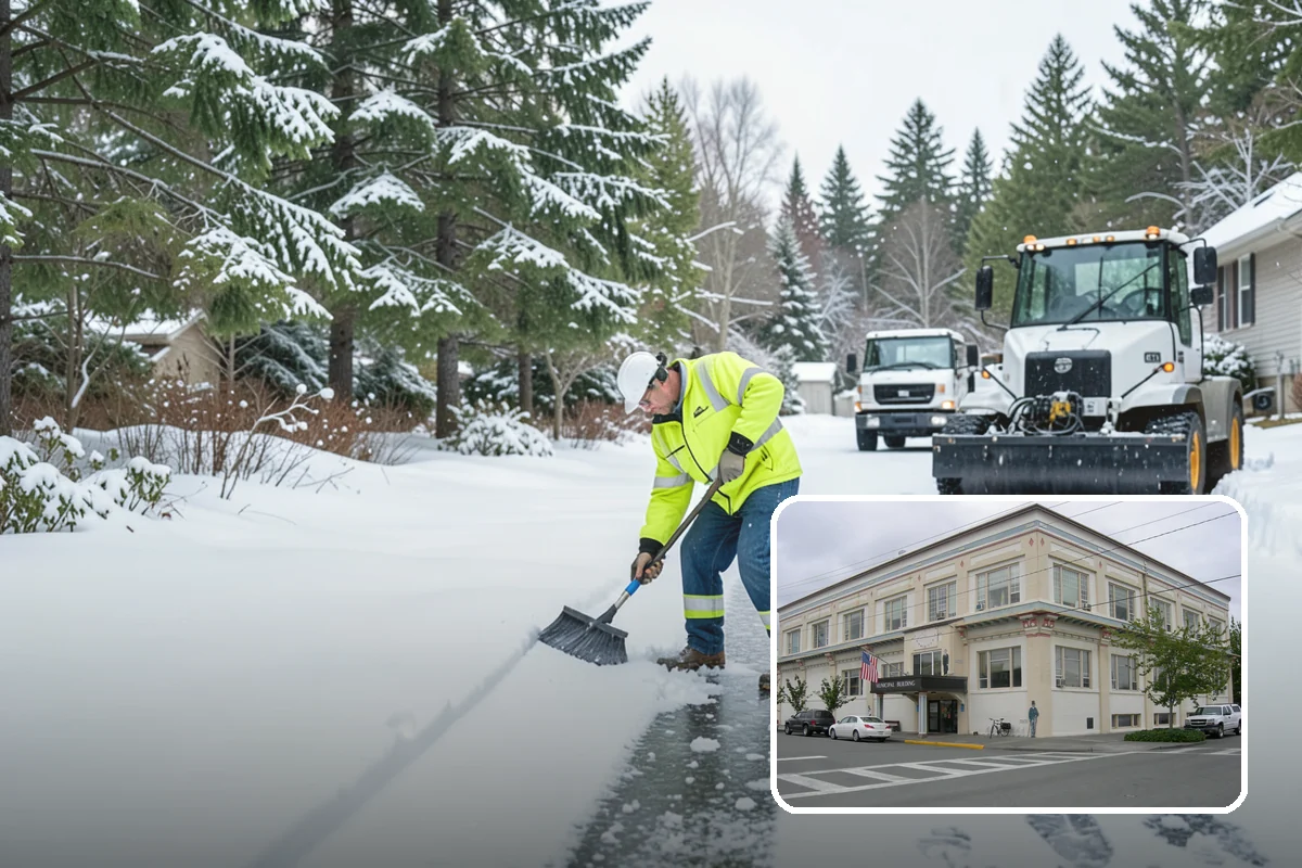 School Parking Lot Snow Removal in Anacortes, Skagit County, WA - Buses, staff, and visitors reach the campus on a cleared, orderly lot