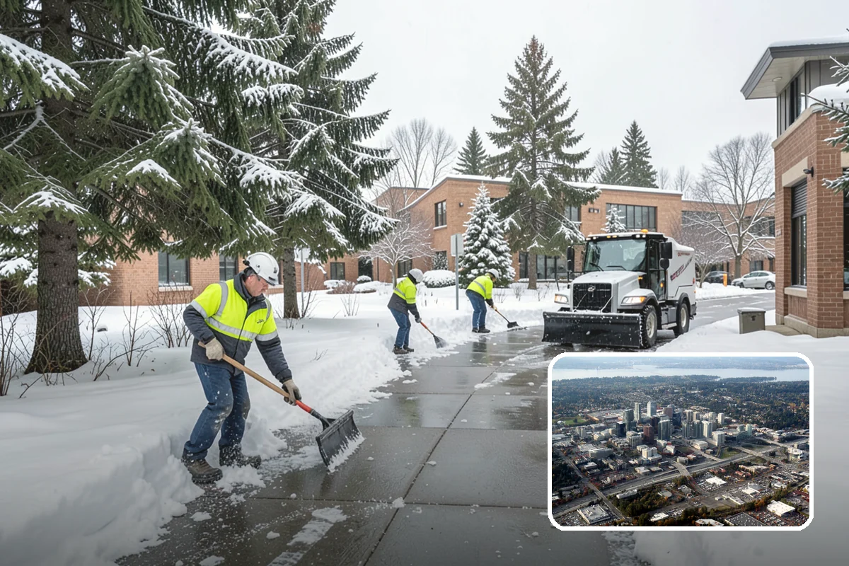 School Parking Lot Snow Removal in Bellevue, King County, WA - Buses, staff, and visitors reach the campus on a cleared, orderly lot