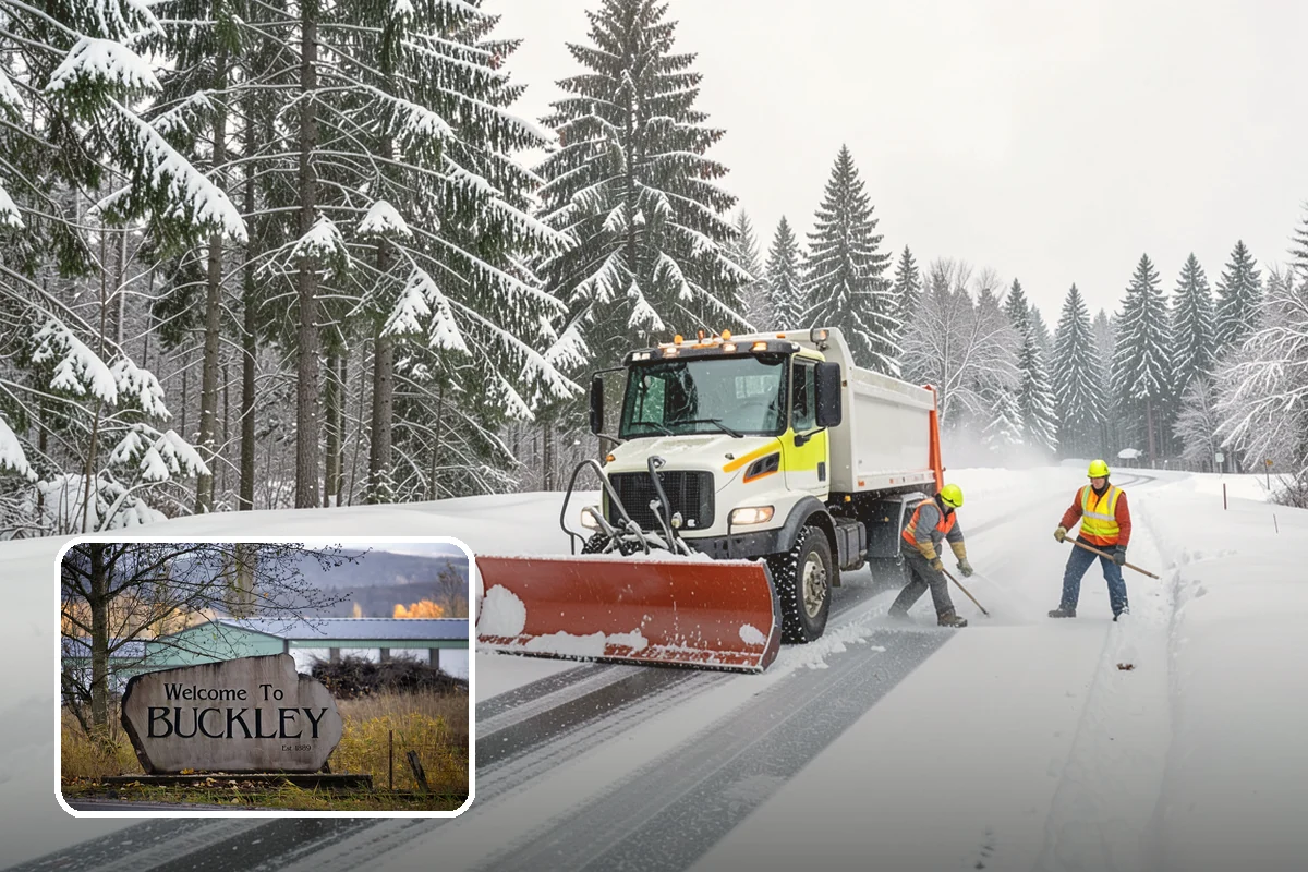 School Parking Lot Snow Removal in Buckley, Pierce County, WA - Buses, staff, and visitors reach the campus on a cleared, orderly lot