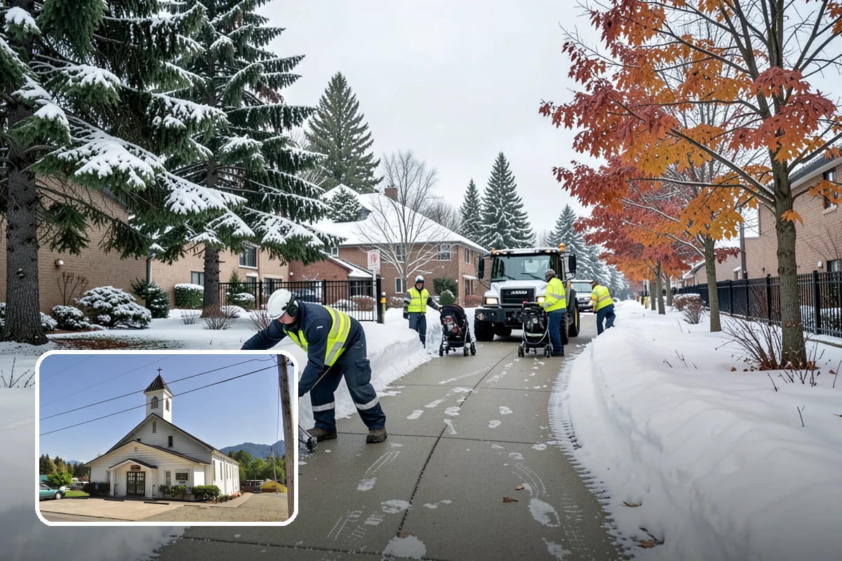 School Parking Lot Snow Removal in Concrete, Skagit County, WA - Buses, staff, and visitors reach the campus on a cleared, orderly lot