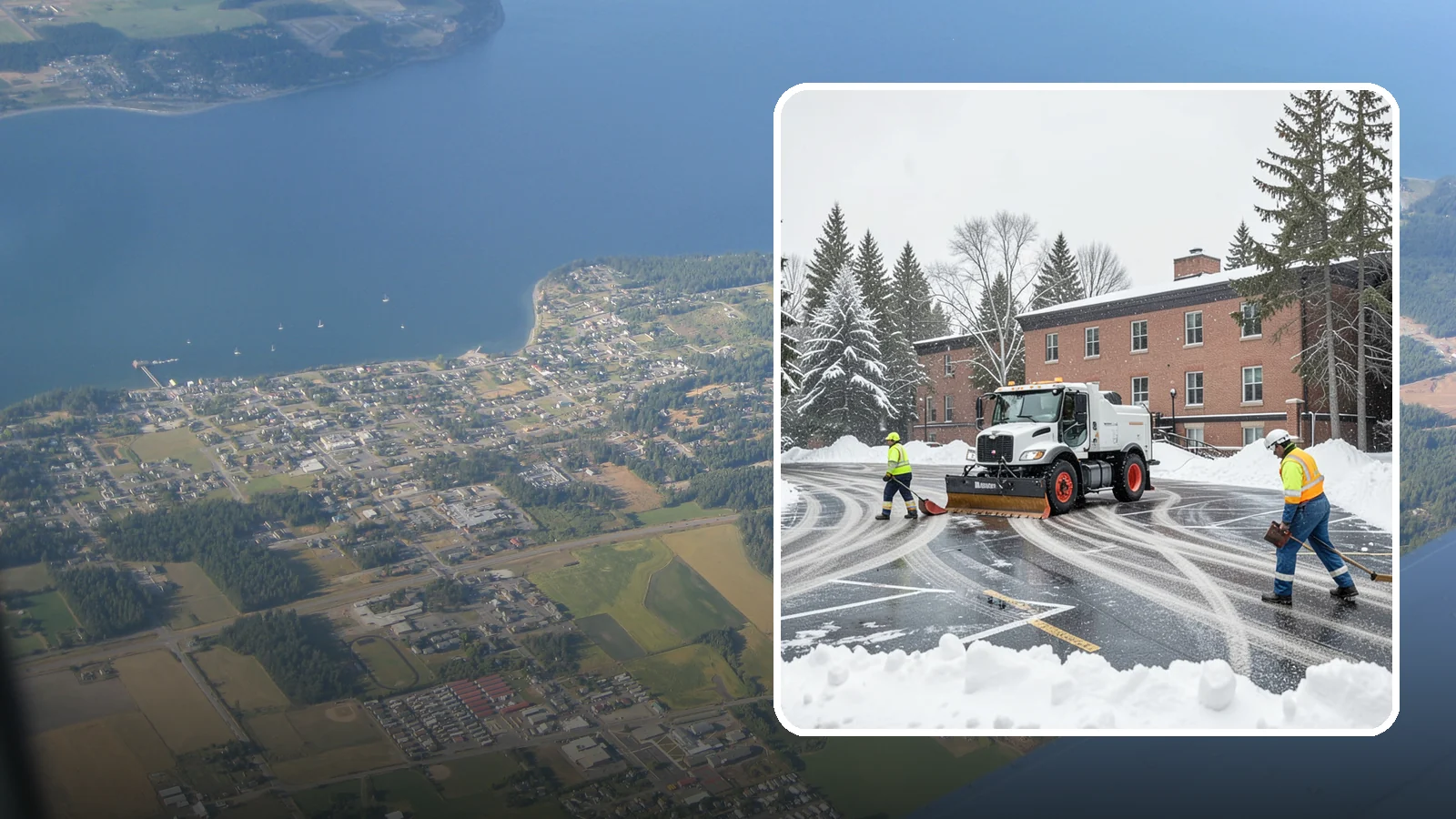 School Parking Lot Snow Removal in Coupeville, Island County, WA - We clear school lots and bus loops so Western Washington students, staff, and buses move safely on snowy mornings.