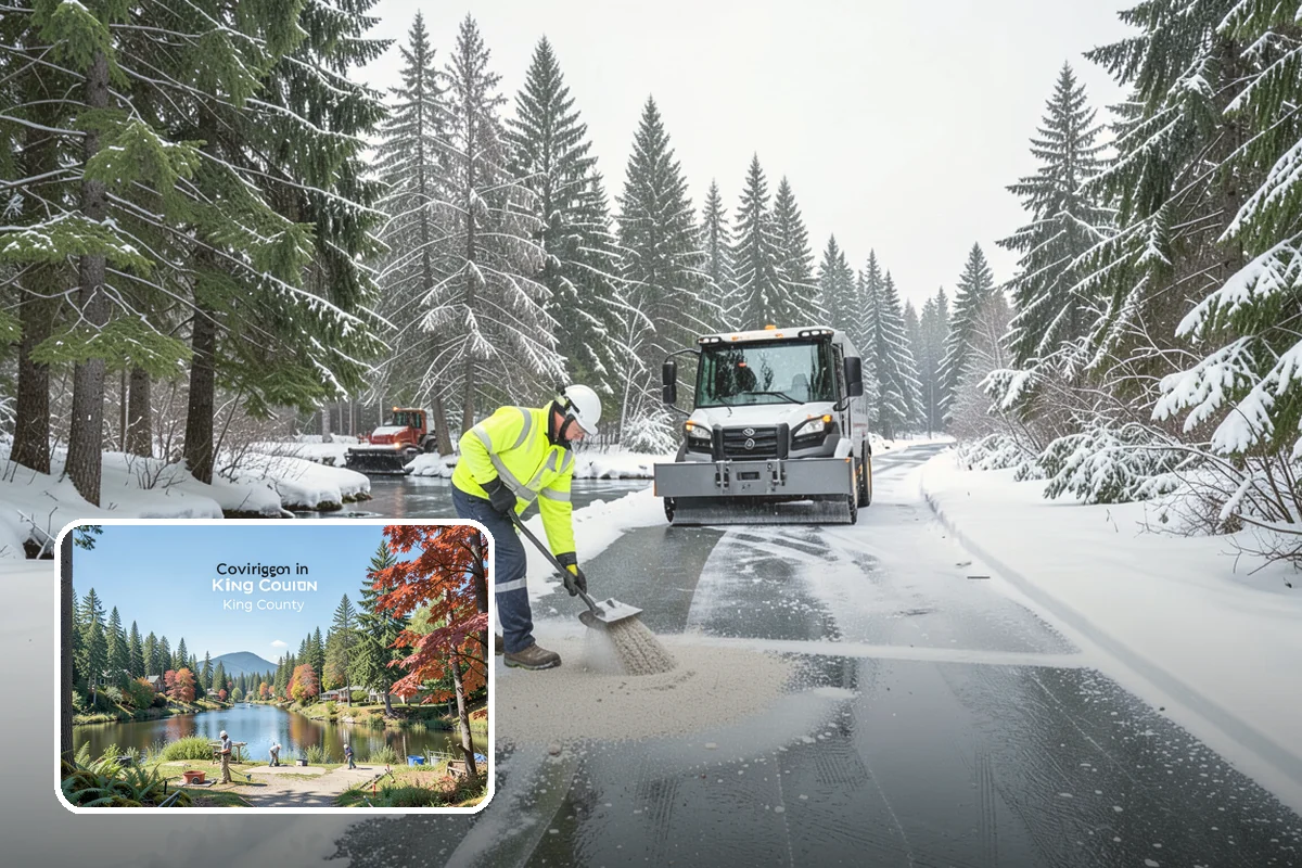 School Parking Lot Snow Removal in Covington, King County, WA - Buses, staff, and visitors reach the campus on a cleared, orderly lot