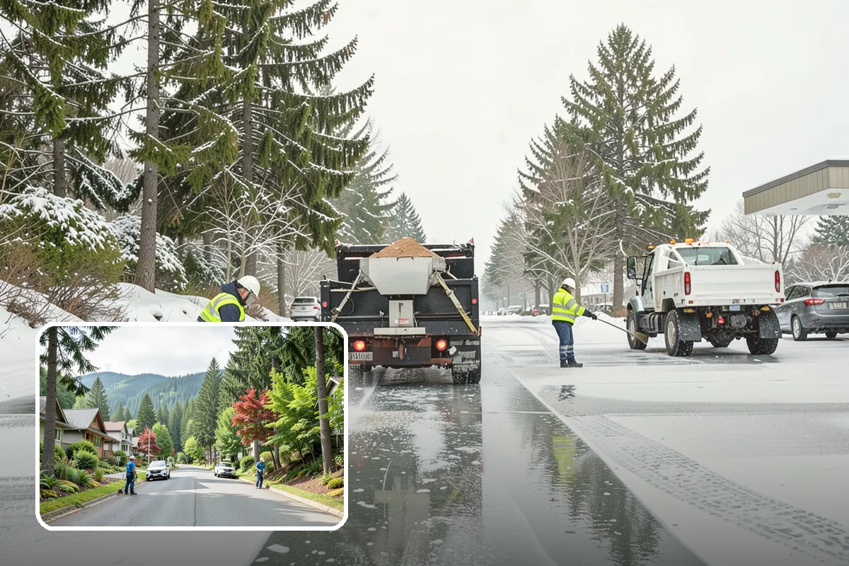 School Parking Lot Snow Removal in Darrington, Snohomish County, WA - Buses, staff, and visitors reach the campus on a cleared, orderly lot