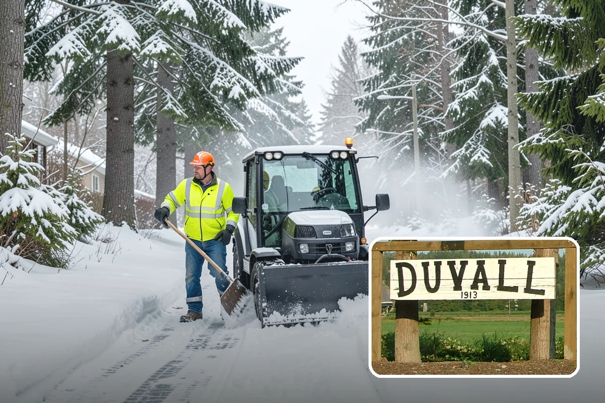 School Parking Lot Snow Removal in Duvall, King County, WA - Buses, staff, and visitors reach the campus on a cleared, orderly lot