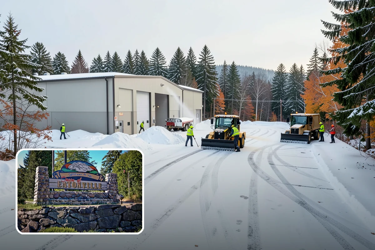 School Parking Lot Snow Removal in Eatonville, Pierce County, WA - Buses, staff, and visitors reach the campus on a cleared, orderly lot