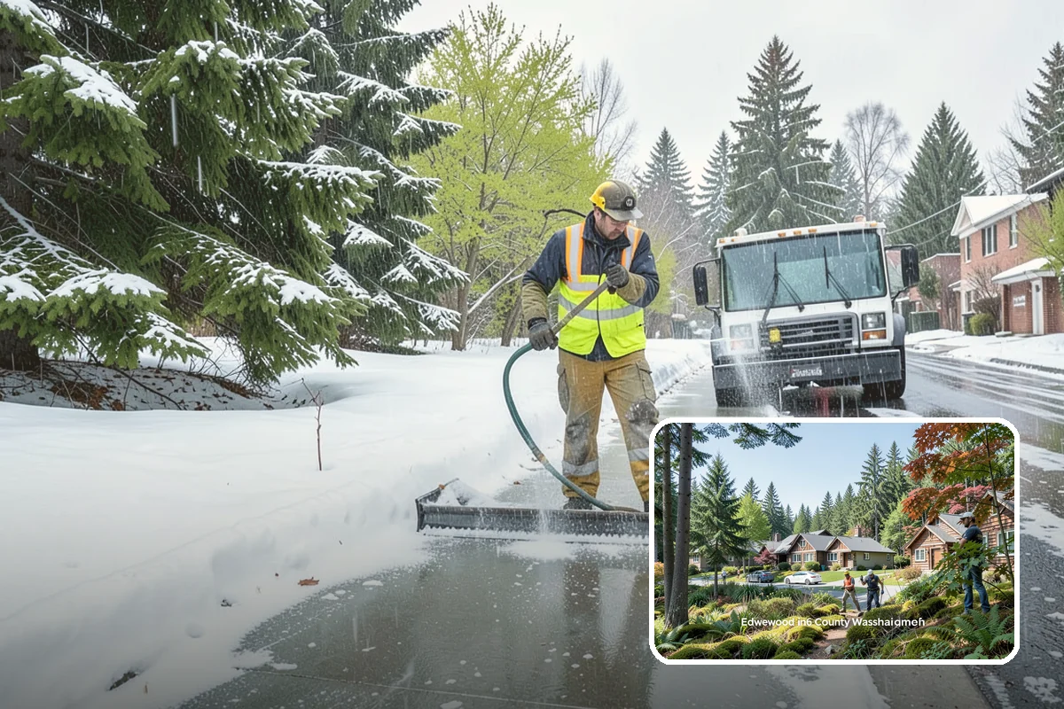 School Parking Lot Snow Removal in Edgewood, Pierce County, WA - Buses, staff, and visitors reach the campus on a cleared, orderly lot