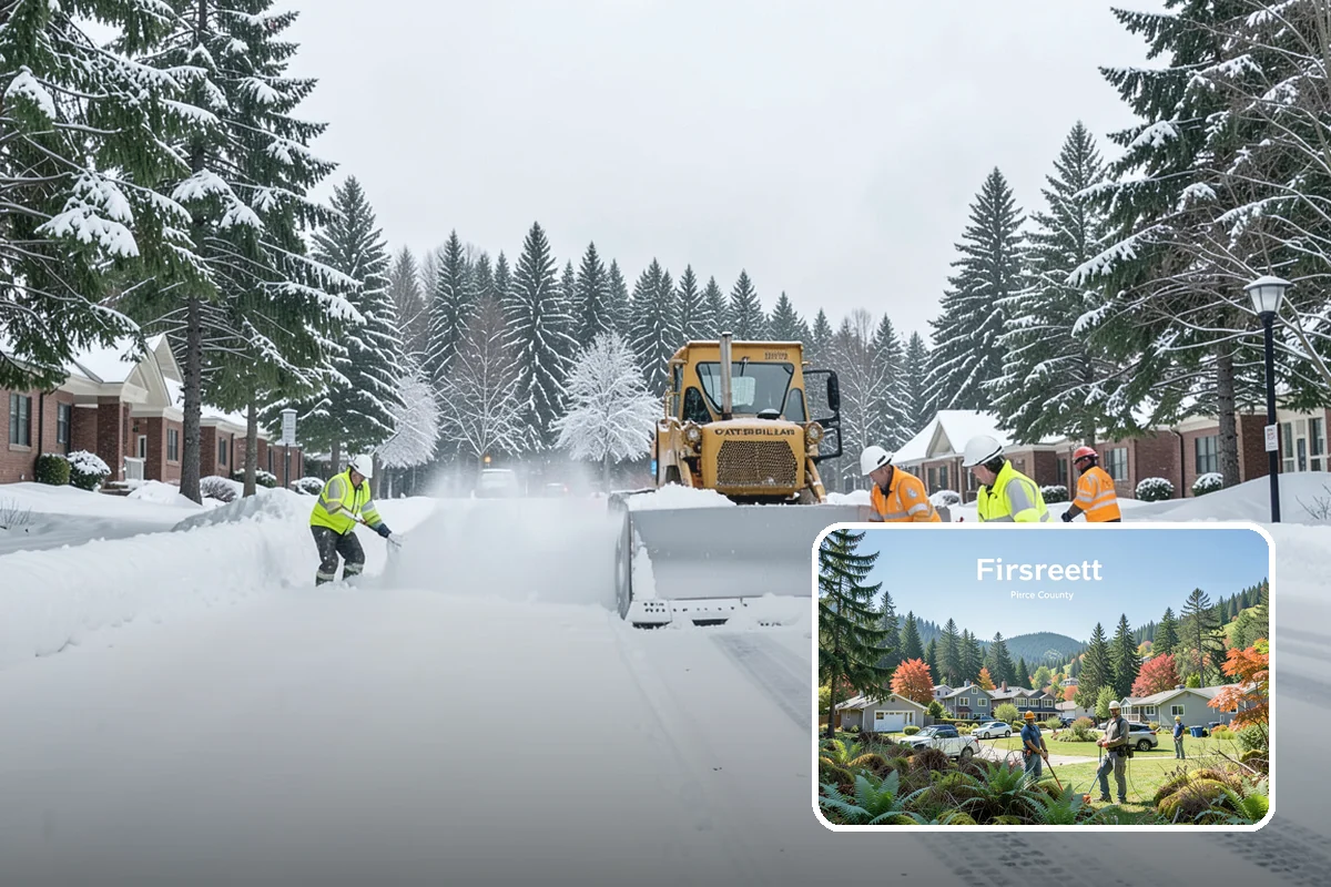 School Parking Lot Snow Removal in Fircrest, Pierce County, WA - Buses, staff, and visitors reach the campus on a cleared, orderly lot