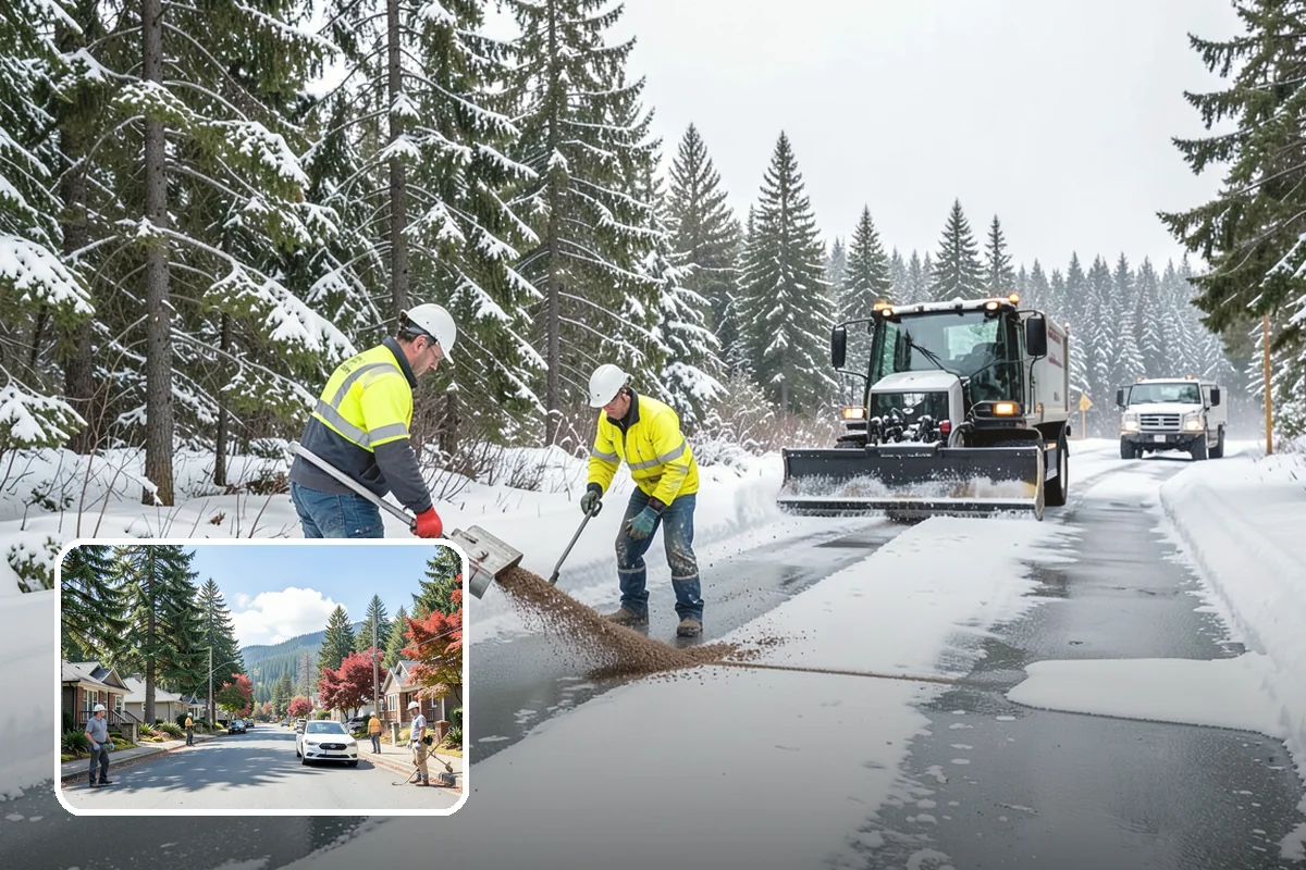 School Parking Lot Snow Removal in Hunts Point, King County, WA - Buses, staff, and visitors reach the campus on a cleared, orderly lot