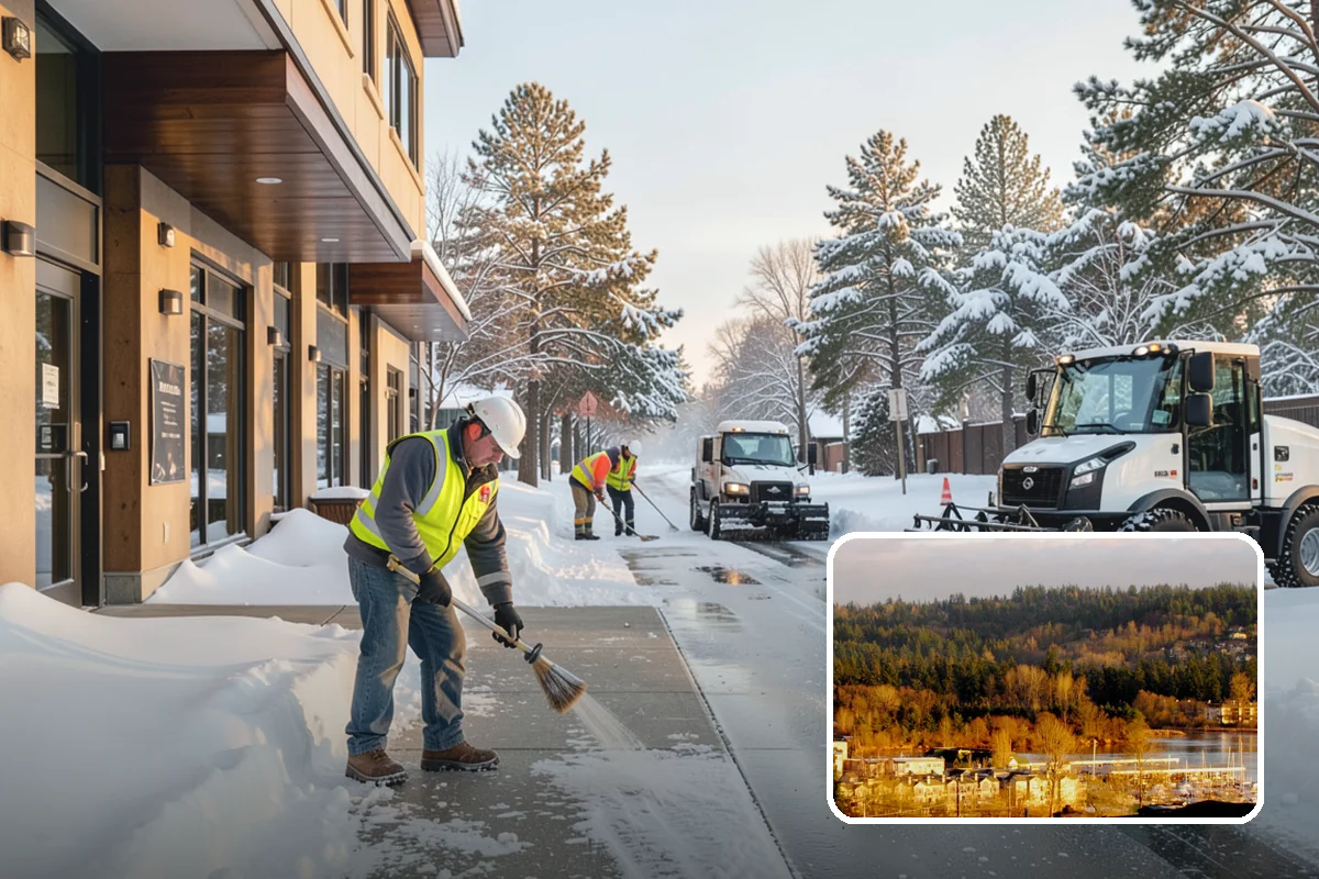 School Parking Lot Snow Removal in Kenmore, King County, WA - Buses, staff, and visitors reach the campus on a cleared, orderly lot