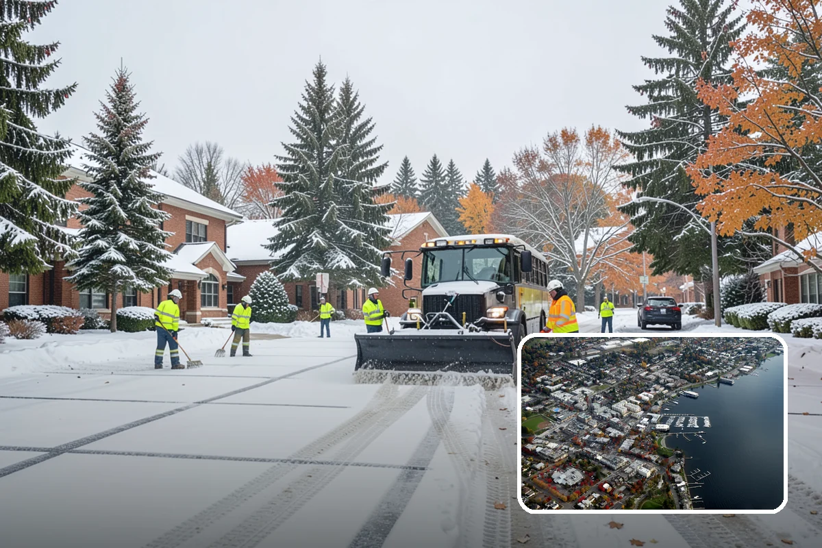 School Parking Lot Snow Removal in Kirkland, King County, WA - Buses, staff, and visitors reach the campus on a cleared, orderly lot