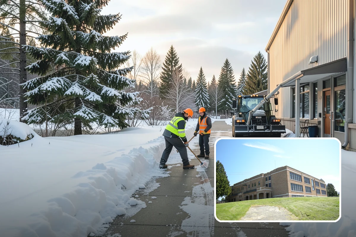School Parking Lot Snow Removal in Maple Valley, King County, WA - Buses, staff, and visitors reach the campus on a cleared, orderly lot